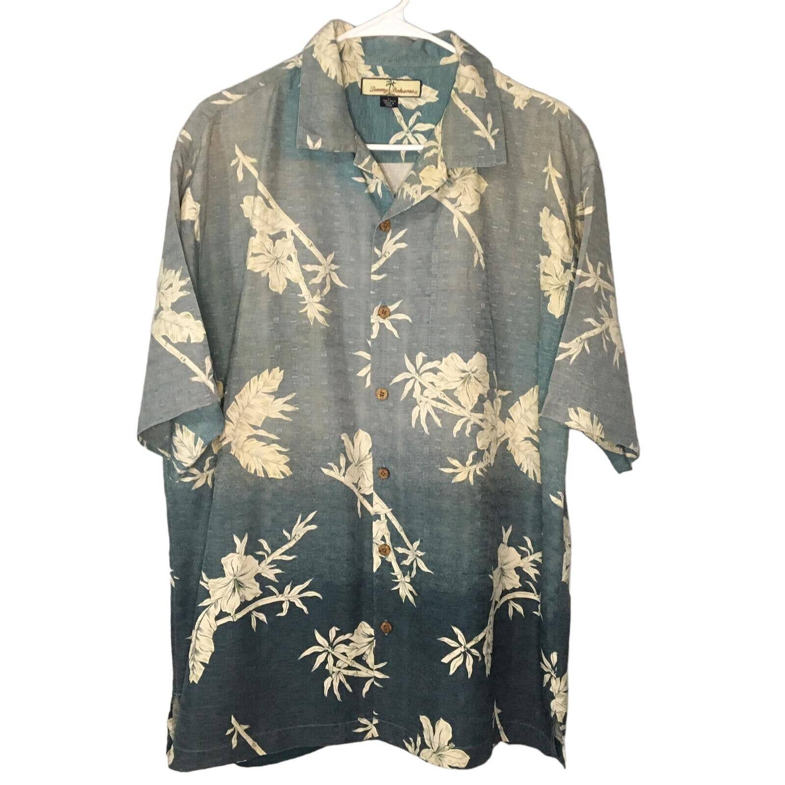 Tommy Bahama 100% Silk Floral Short Sleeve Shirt Size L Blue Ivory Vacation